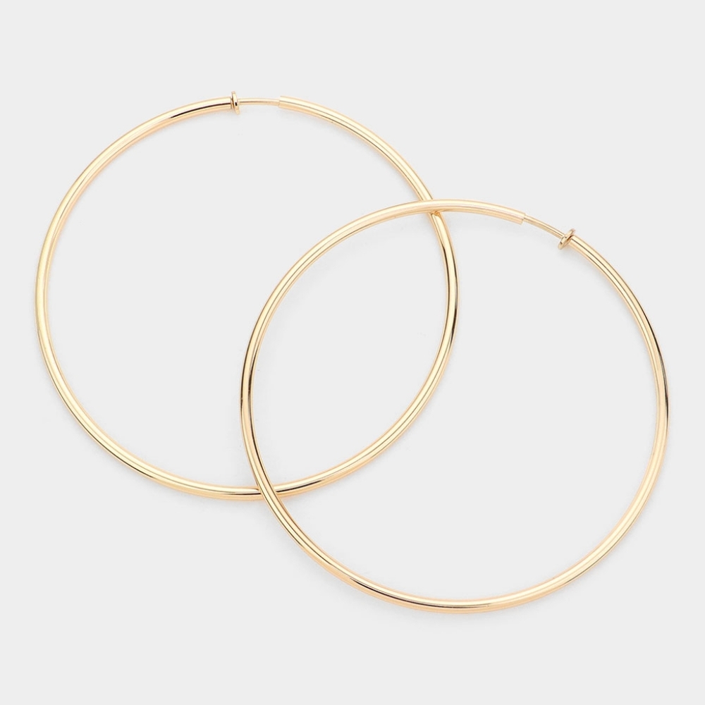 Gold Clip On Big Hoop Earrings Casual Simple 4" Extra Large Oversized Metal